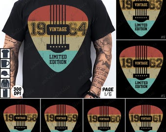 Plettro per chitarra PNG, regalo di compleanno musicale, edizione limitata vintage 1964, maglietta retrò della band, grafica rock anni '60, regalo per musicisti, età personalizzata PNG