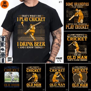 Puede incluir: Un conjunto de 7 camisetas negras con temática de cricket. Las camisetas presentan diferentes diseños con texto que dice "That's what I do I play cricket I drink beer and I know things", "Some Grandpas play bingo Super cool Grandpas play cricket", "I ain't perfect but I can still play cricket for an old man that's close enough", y "I ain't perfect but I can still play cricket".