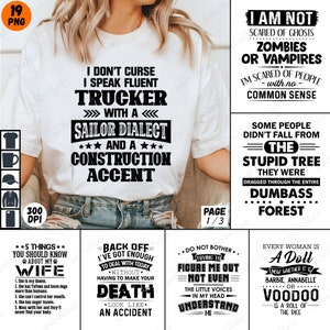 Könnte beinhalten: Ein Satz von vier digitalen druckbaren Designs mit humorvollen Sprüchen über LKW-Fahrer, Ehefrauen und das Leben. Die Designs sind in schwarzem Text auf weißem Hintergrund.