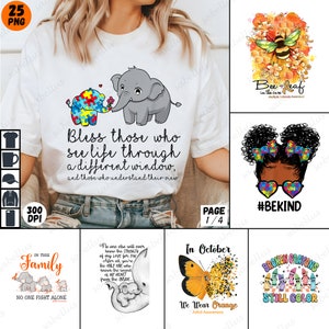 Op de afbeelding: Een set van 10 digitale ontwerpen met illustraties van olifanten, vlinders, bijen en kleurpotloden. De ontwerpen bevatten tekst zoals "Bless those who see life through a different window", "In this family no one fights alone", "Bee-leaf in the cure", "#BEKIND", "In October we wear orange", and "Broken crayons still color".