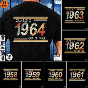 Pode incluir: Um conjunto de 10 designs de t-shirts de estilo vintage com os anos de 1958 a 1964 com o texto "Clássico" e "Original". Os designs estão em uma paleta de cores retrô laranja, amarelo, azul e verde.