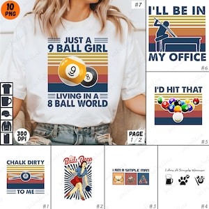 以下が含まれることがあります： レトロなデザインの白いTシャツで、9の数字が書かれたビリヤードボールが描かれています。シャツのテキストは「Just a 9 Ball Girl Living in a 8 Ball World」です。