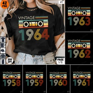 Könnte beinhalten: Ein Set aus acht T-Shirt-Designs im Vintage-Stil mit einer Kassettengrafik und den Jahren 1958 bis 1964. Die Designs sind in einer Retro-Farbpalette aus Rot, Orange, Gelb, Grün und Blau gehalten.