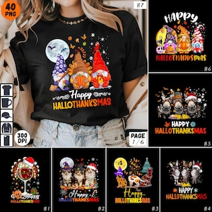 Può includere: Un set di 7 design digitali con vari personaggi che celebrano Hallothanksmas. I design includono gnomi, gatti, cani e asini. Ogni design presenta il testo "Happy Hallothanksmas".