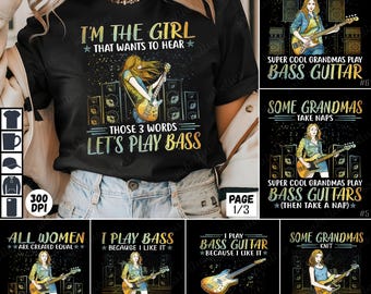 Bassgitarre PNG Bundle, Sublimationsdesign für Oma, Bassgitarrenliebhaber, digitaler Download Clipart, Musikgeschenk, 300 DPI Kunst, T-Shirt-Design