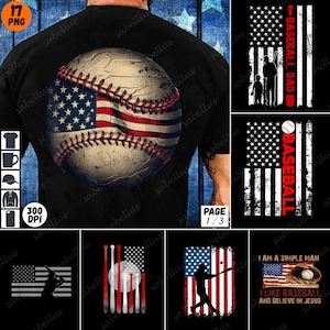 May include: A set of 17 digital designs featuring baseball and American flag themes. The designs include a baseball with an American flag, a baseball bat and ball, a baseball player, and the text "I am a simple man, I like baseball and believe in Jesus".