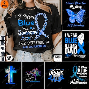 Puede incluir: Un conjunto de nueve diseños digitales con cintas azules y el texto "Uso azul" con variaciones para diferentes ocasiones, como "Para alguien", "Para mi madre", "Para mi padre" y "Te extraño todos los días". Los diseños también incluyen el texto "Concientización sobre la ELA".