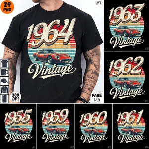 Könnte beinhalten: Schwarzes T-Shirt mit Retro-Design mit dem Jahr "1964" und einem roten Oldtimer. Das Design umfasst einen kreisförmigen Hintergrund mit orangefarbenen, gelben und blauen Streifen und das Wort "Vintage".