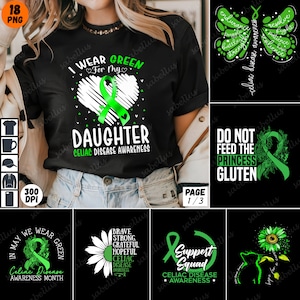 以下が含まれることがあります： 黒の背景に緑のリボンとひまわりが描かれた6つのデザインのセット。デザインには、「娘のために緑を着る」「セリアック病の認知度向上」「サポートチーム」「プリンセスにグルテンを与えないでください」「5月は緑を着ましょう セリアック病の認知度向上月間」などのテキストが含まれています。