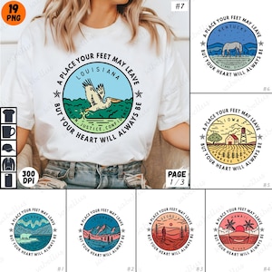 May include: A set of 8 round, colorful illustrations featuring state names and symbols. Each illustration includes the text "A place your feet may leave, but your heart will always be".
