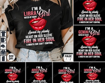 Zodiac Girl PNG Bundle, Aquarius Aries Cancer Capricorn Gemini Leo Libra Pisces Sublimation, Sagittarius Scorpio Taurus Virgo Shirt