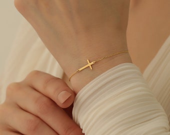 14k Gold Plated Dainty Cross Bracelet, Religious Bracelet, Minimalist Cross Jewelry, Christian Gifts for Women, Holly Communion Gift