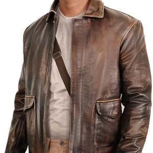 Blouson aviateur Indiana en cuir marron pour homme L'Aventurier de l'arche perdue, manteau Harrison Jones en cuir véritable vintage