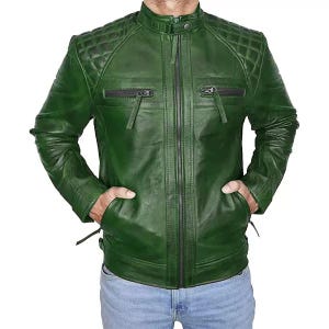 Veste motard en cuir véritable pour homme Vert | Blouson en cuir vert moto classique Diamond