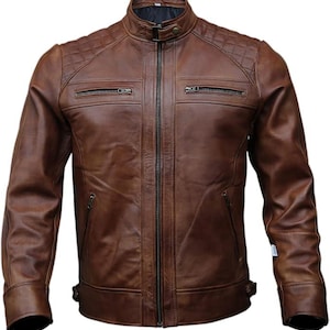Veste motard en cuir véritable pour homme Marron | Blousons de moto vintage en cuir d'agneau vieilli marron pour hommes