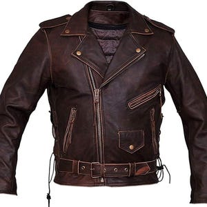 Blouson moto en cuir marron foncé Brando vintage style motard classique Diamond pour hommes