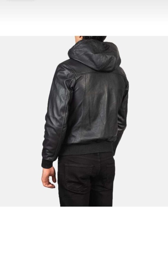 メンズ 本物ブラックフード付きボンバーレザージャケット | フード付き