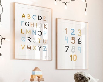 Neutral Alphabet and Numbers Print, Educational Nursery Decor (Digital Download)