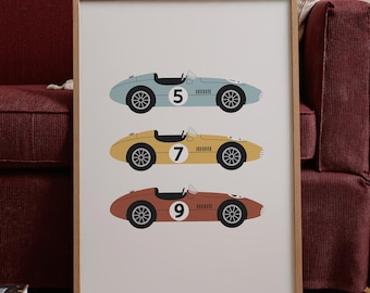 Vintage Race Car Nursery Art, Racing Cars Kids Wall Art, 3 Vintage Racing Cars Print, Classic Race Cars Art Print, Colorful Transport Print