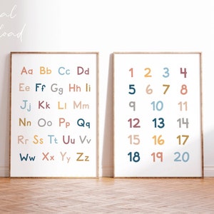 Poster dell'alfabeto, poster dei numeri 1-20, set di 2 stampe, stampe ABC, poster dell'alfabeto stampabile, arte murale educativa per la scuola domestica, stampa 123