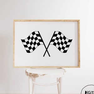 May include: A printable digital download of a black and white chequered racing flag design. The flags are crossed in the centre and are set against a white background.
