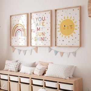 Eres mi impresión de arte de pared del sol, arte de la guardería, conjunto de 3, arco iris del sol, decoración de la guardería neutral, guardería del sol, conjunto imprimible de la sala de juegos de 3