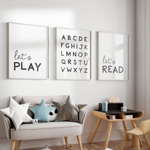 Set of 3 Playroom Prints, Let's Play, Let's Read, ABC Printable, Alphabet Poster, Nursery Alphabet, Kids Room Decor, Playroom Wall Art Print