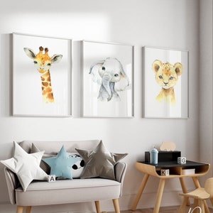 Safari Animals Wall Art Set of 3, Nursery Art Decor, Nursery Wall Art, Children Nursery Art, Nursery Art Prints Printable Art, Baby Animals