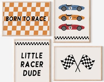Race Car Prints, Toddler Nursery Decor, Retro Racing Cars Wall Art Print, Vintage Race Car Nursery Decor (Set of 4)