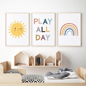 Play All Day Printable Set of 3, Sun Print, Rainbow Print, Nursery Wall Art, Scandinavian Kids Wall Decor Playroom Wall Art, Playroom Poster