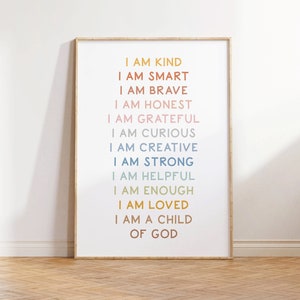 Ich bin ein Kind Gottes Druck, positive Affirmationen für Kinder, Affirmationen Druck, ich bin freundlich, ich bin schlau, Kinderzimmer-Druck, motivierend zum Ausdrucken