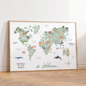 Weltkarte, Tiere Weltkarte Druck, Weltkarte Kinderzimmer, Kinderzimmer Wandkunst, Lernposter, sofort Download