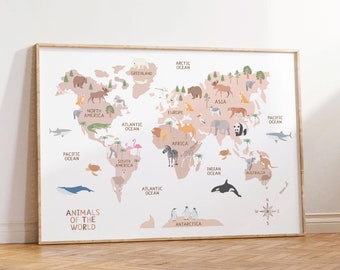 Animals World Map - Kids Animal World Map Printable - Nursery Wall ...
