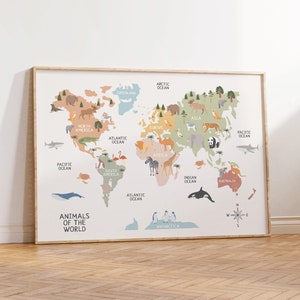 Animals World Map, Kids Animal World Map Print, World Map Nursery, Nursery Wall Art, Educational Poster, Nursery Prints, Instant Download