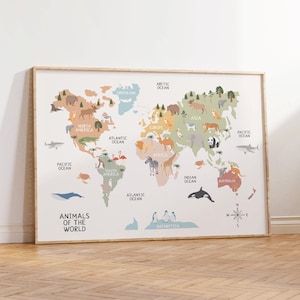 Weltkarte, Tiere Weltkarte Druck, Weltkarte Kinderzimmer, Kinderzimmer Wandkunst, Lernposter, sofort Download