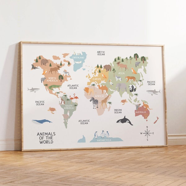 Carte du monde des animaux, impression de carte du monde des animaux pour les enfants, carte du monde pour chambre d'enfant, art mural pour chambre d'enfant, affiche éducative, impressions pour chambre d'enfant, téléchargement immédiat