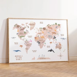 Weltkarte, Tiere Weltkarte Druck, Weltkarte Kinderzimmer, Kinderzimmer Wandkunst, Lernposter, sofort Download