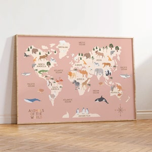 Weltkarte, Tiere Weltkarte Druck, Weltkarte Kinderzimmer, Kinderzimmer Wandkunst, Lernposter, sofort Download