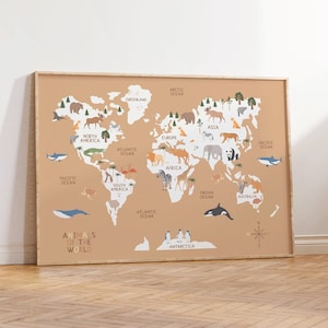 Wereldkaart dieren, kinderen dierenwereldkaart print, wereldkaart kinderkamer, kinderkamer kunst aan de muur, educatieve poster, kinderkamer prints, Instant Download