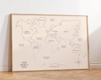 Kids World Map Print, Playroom Decor, Educational Nursery Poster (Digital Download)