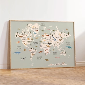 Dinosaurier Weltkarte, Dinosaurier Wandkunst, Dinosaurier der Welt, Kinderzimmer Druck, Jurassic Weltkarte, Lernposter Sofort Download