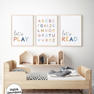 Playroom Prints Set of 3, Alphabet Printable, Let&#39;s Play, Let&#39;s Read, Learning Prints, Kids Room Art Decor, Playroom Decor, DIGITAL FILES