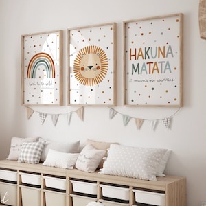 Juego de 3 impresiones de arte de pared de animales de la jungla 'Hakuna Matata', impresiones de safari para guardería, boho, safari, león, arcoíris, Hakuna Matata para guardería imprimible