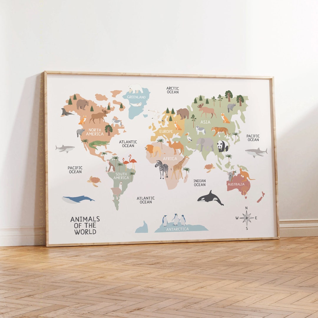 Animals World Map, Kids Animal World Map Print, World Map Nursery ...