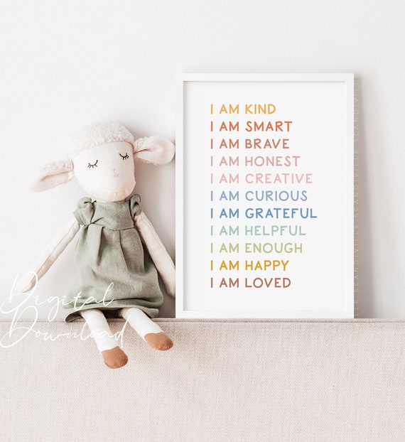 Art Mural Affirmations Arc-en-ciel, Affirmations Pour Les Enfants, I Am Kind Loved Brave Enough, Inspiration Art Mural Pour Chambre D'enfant, Affirmations Positives - France