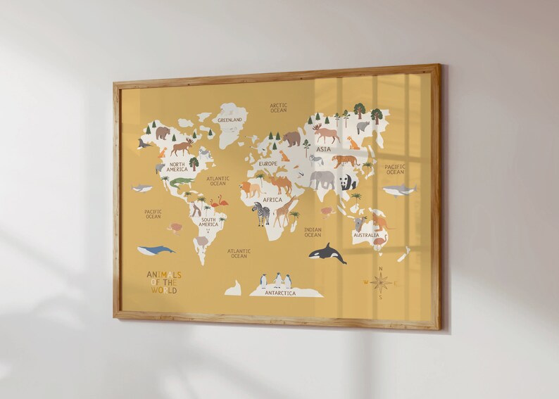 Animal World Map Print, Kids Nursery Educational Poster (digital ...