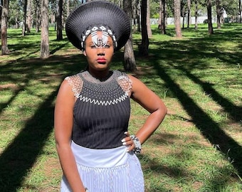 Zulu Outfit: Skirt, Beaded Necklace, Bangles & African Hat