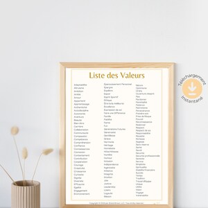 May include: A printable poster with a list of values in French. The poster is framed in a light wood frame and has a yellow background. The title of the poster is "Liste des Valeurs".