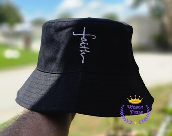 Custom Embroidered Faith Bucket Hat – Black, Church & Daily Beachwear
