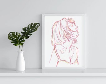 Abstract Female Portrait Pencil Colour Line Drawing Digital Print